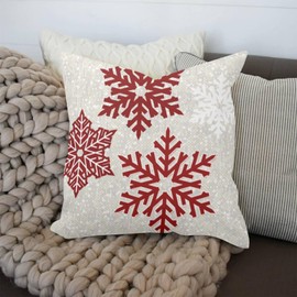 FJPT Xmas Throw Pillow Cover Christmas Red Snowflakes Decorative Pillow Case for Home Decor Square Cushion Pillowcase