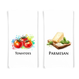Italian Food Ingredients Flour Sack Kitchen Towel Set of 10, Garlic Basil Tomatoes Mozzarella Parmesan Pasta Porcini Balsamic Oregano Olive Oil 100% Cotton, 27 * 27, Hanging Loop