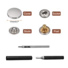 sourcing map 24 Set Leather Snap Fasteners Kit 17mm Metal Snap Button Press Studs Leather Rivets Snaps with 3 Setter Tools for Clothes Jackets Jeans Wears Bags, Silver Tone