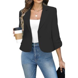 Women Blazers Casual Croppped Cardigan Lightweight 3/4 Sleeve Button Front Knit Blazer Jacket Open Front(Black,XL)