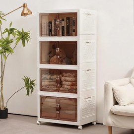 4 Pack Large Collapsible Storage Bins With Lids & Wheels, 11.5 Gal Plastic Folding Storage Box, Stackable Storage Bins with Doors for for Home Office