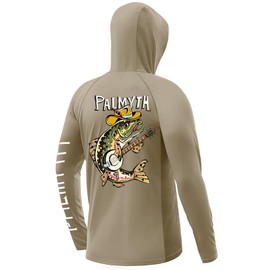Palmyth Fishing Shirts for Men UPF 50+ Sun Protection Hoodie Long Sleeve with UV Vented Neck Gaiter Khaki Trout Banjo Large