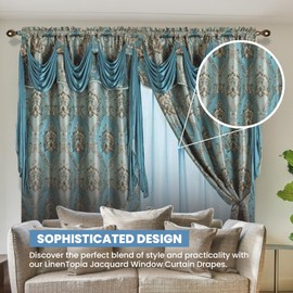 LinenTopia Classical Jacquard Window Drape Set (2 Panels), Includes Valance and Sheer Backing, Traditional Victorian Style Floral Curtain Drape Panels for Living Rooms, (Elsa, 63, Blue)