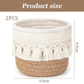 Kotkiddy Set of 2 Makeup Brush Holder, Organiser, Comb Brush, Mini Storage Basket, Baskets with Boho Decor for Pens, Pencil Box, Container, 10 x 10 cm, Yellow and White