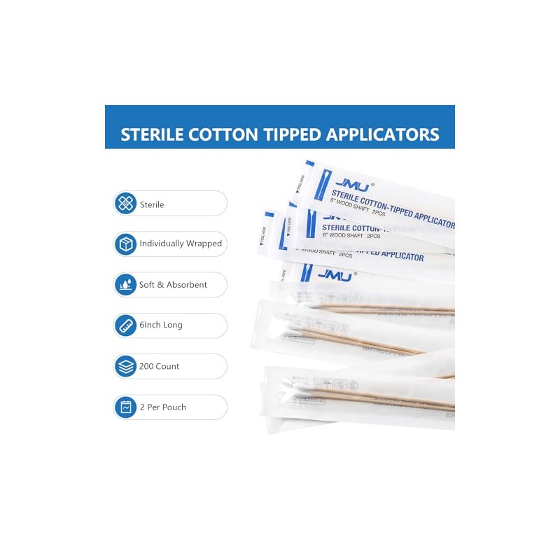 JMU 6 Inch Sterile Cotton Tipped Applicators, 200 Count Long