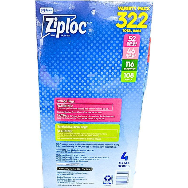 Ziploc Seal Top Bags Variety Pack Gallon Quart Sandwich Snack