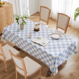 Ohocut Checkered Tablecloth with Tassel Blue Checkerboard Table Cloth Cute Aesthetic Rectangle Table Cover for Kitchen Dinning Room Picnic Washable Wrinkle Free Cotton Linen Fabric 55''x71''