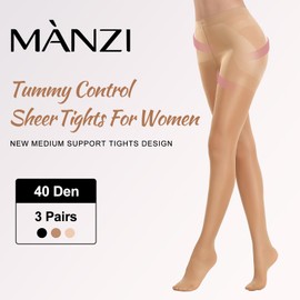 MANZI Control Top Pantyhose Sheer Skin Colored Tights for Women Tummy Control Stockings with Moderate Support Panty 40 Denier Run Resistant Quality Nylons(2 Natural Nude,S)