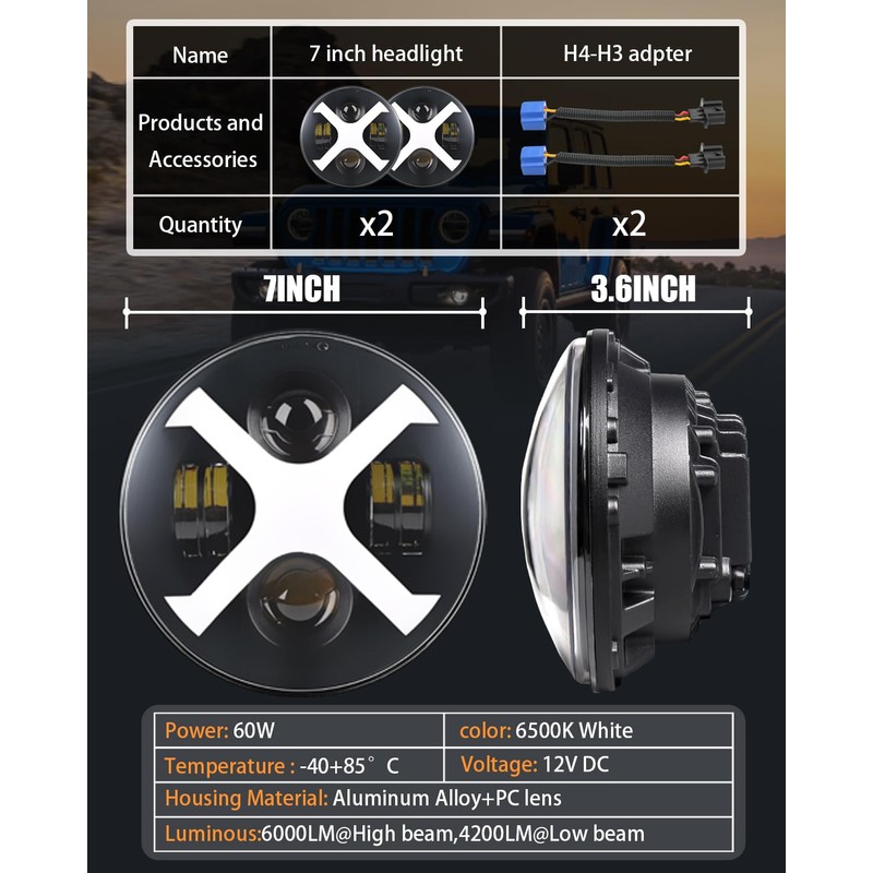 HENGTUAUTO 7inch Round X-Style Headlights White DRL Amber Turn Signal