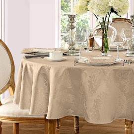 Newbridge Barcelona Luxury Damask Fabric Tablecloth, 60” Wide x 120” Oval, Golden Beige, 100% Polyester, No Iron, Soil Resistant Dining Room, Party and Banquet Table Cover