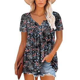 ROSELINLIN Womens Floral Tunic Tops Summer Dressy Casual Tops Short Sleeve V Neck Shirts Floret XL