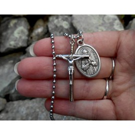 Saint John Vianney, Mens 1.5 Inch Crucifix, Patron Saint of Priests, Catholic Boys Cross, Mens Cross, 30" Stainless Steel Ball Chain, Ordination Gift