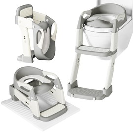 3 in 1 Potty Training Seat for Toddlers Adjustable Toilet Trainer with Anti-Slip Steps and Splash Guard Converts to Step Stool & Child Toilet Chair Foldable Design for Boys & Girls(Grey)