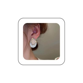 Cimenexe Bohemian Oval Opal Crystal Earrings White Enamelled Oval Stud Earrings Large CZ Moonstone Oval Earrings Gold Rhinestone Enamelled Oval Earrings Jewellery for Women and Girls Gifts, Zinc, No