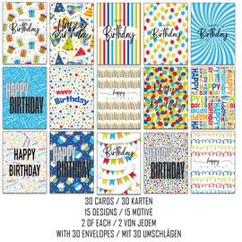 30 Bright Birthday Cards with Envelopes made from Recycled Paper 15 Different Designs