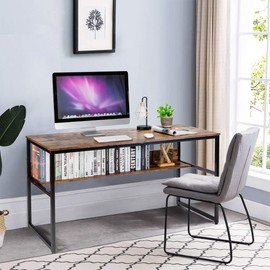 Tangkula 55 Inches Computer Desk with Bookshelf, Study Writing Table w/Storage Shelf & Sturdy Metal Frame, Home Office Desk with Adjustable Foot Pads & Spacious Desktop, Computer Workstation
