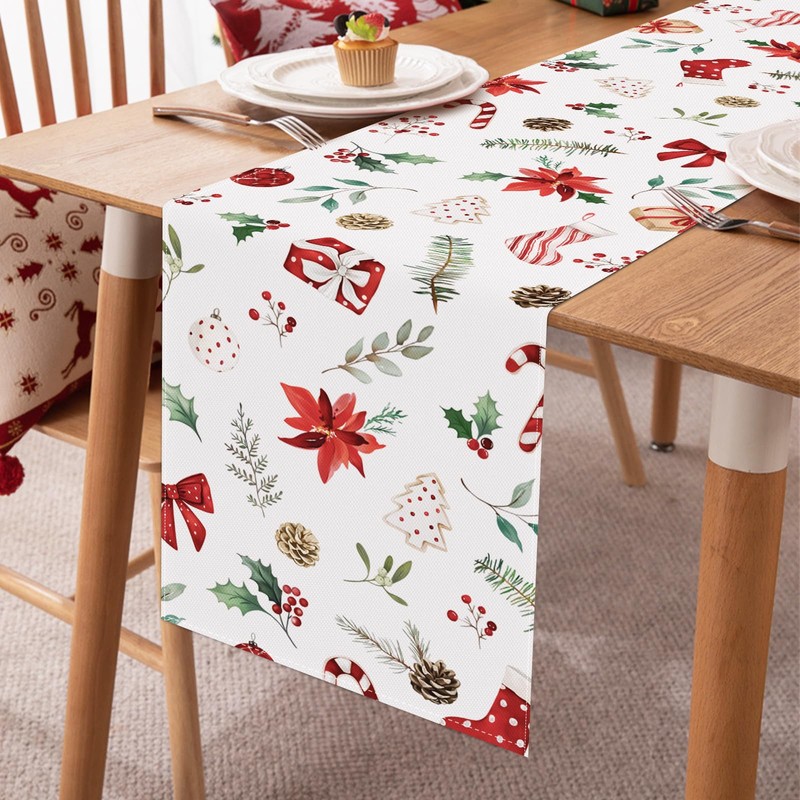 Bonhause Christmas Red Flowers Pine Branch Table Runner, 13x72 Inch