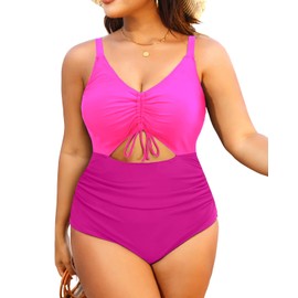 Daci Women Pink1 Plus Size Swimsuits One Piece Cutout Tummy Control Bathing Suits V Neck Monokini 18W