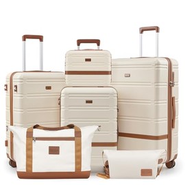 Luggage Sets with spinner wheels, PC+ABS Hard Shell Travel Expandable Luggage,Lightweight Carry-on suitcases with TSA Lock,YKK Zippers (Beige, 6 piece set(14/20/24/28/DB/TB))