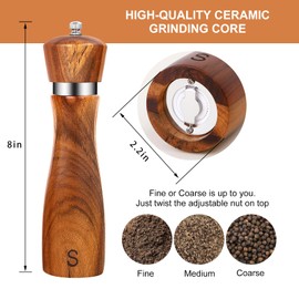 2 Pack Wood Salt and Pepper Grinder Set, Acacia Wood Salt and Pepper Grinder Mill Pepper Grinder Ceramic Stainless Steel Core-8 Inch