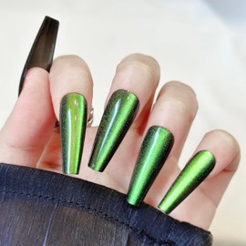 Fantasticlady Magnetic False Nails,Long Coffin Atrovirens,Christmas,Salon Quality,Reusable Cat Eye Gel Nail Kit Full Cover Glossy for Women & Girls Fall Nail Art