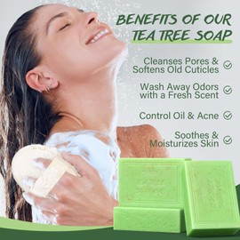 Tea Tree Soap Bar for Face & Body Wash Tea Tree Oil Bath Soaps for Athlete's Foot Body Odor Acne Deep Clean Men Women All Skin Types with Mesh Soap Bag 3x100G