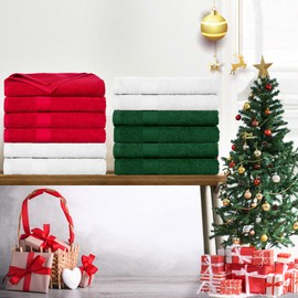 Ample Decor Hand Towels Set of 12 for Bathroom 100% Cotton 18 X 28 Inch 600 GSM Quick Drying - White, Red & Green