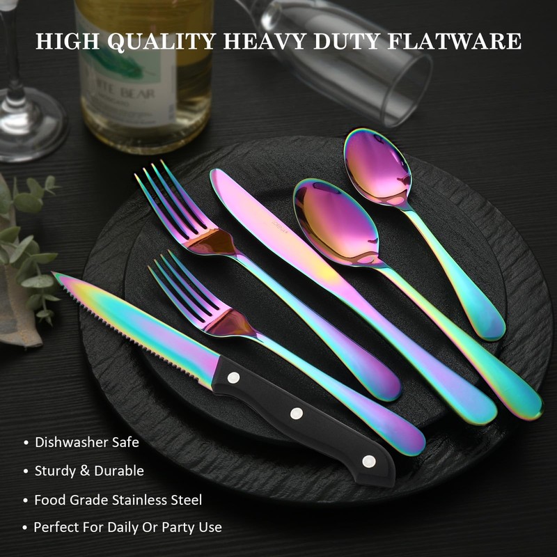 KOOMADE Rainbow Silverware Sets with Steak Knife - 24 PC