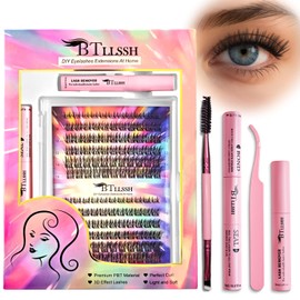 BTLLSSH Lash Extension Kit Individual Lashes Cluster D Curl Eyelash Clusters Kit with Lash Bond Seal Lash Applicator Tool for Self Application
