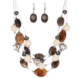 Layered Chunky Beaded Necklace for Women Colorful Multi-Layer Statement Necklace and Earrings Set Gift for Her(Dark coffee)