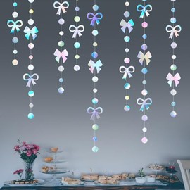 Iridescent Bow Hanging Garland Streamers Iridescent Bow Garland Decorations Streamers Iridescent Bow Theme Baby Shower Bridal Shower for Birthday Party Bachelorette Home Birthday Party Supplies