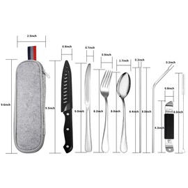 Travel Cutlery Camping Cutlery To Go, 9-Piece Stainless Steel Outdoor Cutlery Bag for On the Go, Portable Camping Cutlery with Case (Silver)