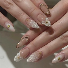 24Pcs White French Tip Press on Nails Medium Almond Fake Nails with 3D Flower Water Ripple Design Ocean Shell Rhinestones Glue on Nails Nude False Nails Full Cover Handmade Stick on Nails for Women