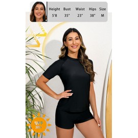 Halcurt Two Piece Short Sleeve Rash Guard Quick Dry Swimsuit UPF 50 Solid Black XL