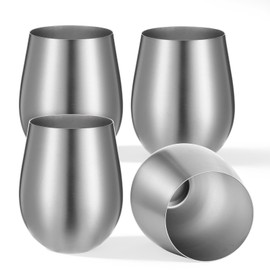 Exclaith 4 Pack Silver Wine Glasses 18oz Stemless Wine Tumbler Glass Stainless Steel Unbreakable Wines Glasses Metal Drinking Cups for the Pool, Camping, Cookouts, Travel