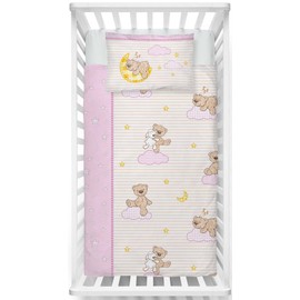 LINKHOFF Teddy Baby Bed Linen, 100 x 135 cm, Girls, Fine Flannelette Baby Bed Linen in Pink with Stars, Cuddly Winter Children's Bed Linen, Stars Made of 100% Cotton