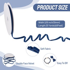 Pandahall Double Face Marine Blue Velvet Ribbons 3/8 Inch x 20 Yards Blue Velvet Fabric Vintage Thin Satin Ribbon Spool for Gift Wrapping, Wedding Bouquets, Christmas Decor