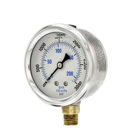 PIC Gauges PRO-201L-254P 0-3000 PSI Pressure Gauge, 2 1/2" Dial, 1/4" Male NPT Connection, Bottom Mount, Dual Scale, Glycerin Filled, Stainless Steel Case/Bezel, Brass Internals & Plastic Lens, 0/10000