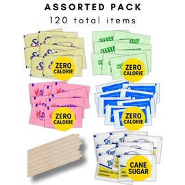 Sugar Packets and Sweetener Packets by Innovatech AG - 120 Sugar and Sweetener Assortment Sachet with Wooden Stirrers, Ideal for Home, Office, Travel
