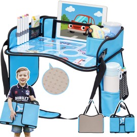 OUOZZZ Kids Travel Tray for Car - Boy's Safety Seat Table, Toddler Road Trip Essentials - Carseat/Airplane Lap Desk with Weight-Relief Strap, Non-Skid Silicone Base, Waterproof Dining/Craft Mat