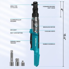 ACROPOW 3/8" Cordless Ratchet Wrench, Compatible with Makita 18V Battery, 74Ft-Lbs Brushless Motor Electric Ratchet with Variable Speed, 1/2" & 1/4" Adapters, 3" Extension Bar (Tool Only)