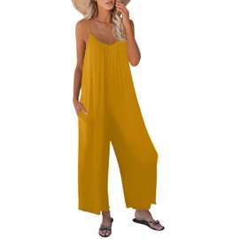 snugwind Womens Summer Casual Sleeveless Jumpsuit Loose Adjustable Spaghetti Strap Jumpsuits with Pockets 2025 Clothes Large Golden Yellow