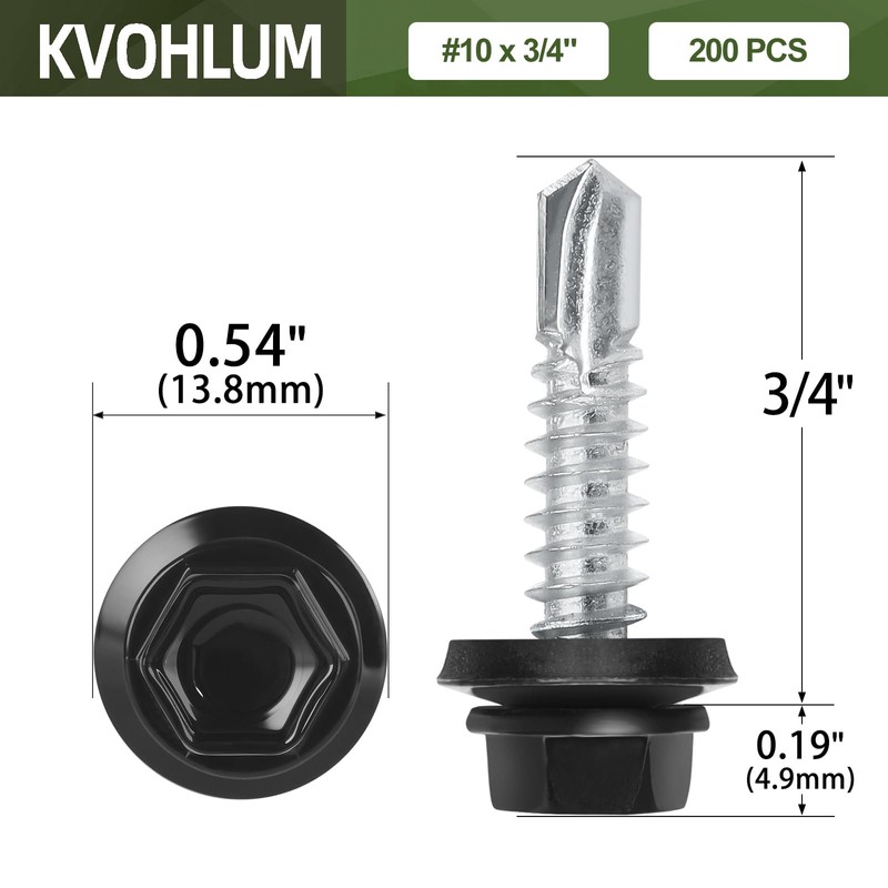 #10 x 3/4" (200 PCS) Black Metal Roofing Screws with