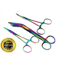 GERMAN STAINLESS LISTER BANDAGE SCISSORS 7.25" + HEMOSTAT FORCEPS STRAIGHT + CURVED MULTI COLOR RAINBOW COLOR STAINLESS STEEL -A+QUALITY GUARANTEED (SET OF 3) … …