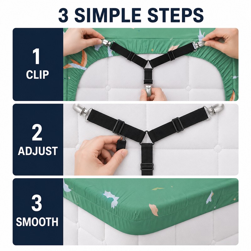 Adjustable Crisscross Bed Sheet Holder Straps with 12 Clips, Black