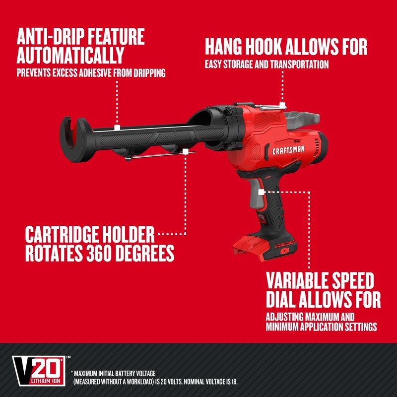 CRAFTSMAN V20 Caulk Gun, No Drip, Cordless, with anti-drip and