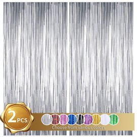RIBBOOO Pack of 2 Silver Tassel Decorative Curtains, 1 x 2 m Metallic Glitter Curtains for Stage, Birthday, Wedding, Baby Christening, Christmas Party Decoration