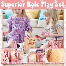 STAY GENT Interactive Dog Grooming Toys, 16Pcs Pet Care Playset with Cage & Electronic Plush Puppy, Walking Robot Dog Toy with Leash Pretend Play Gifts for Girls 3 4 5 6 Years Old