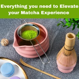 Marce Matcha Whisk Set- Matcha Bowl with Spout, Matcha Whisk, Matcha Sifter, Matcha Whisk Holder, Matcha Spoon- The Perfect Matcha Kit for Matcha Tea Ceremony (Pink)