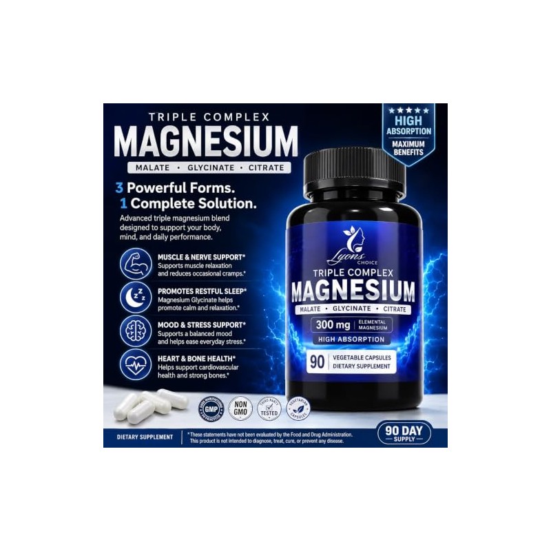 Triple Complex Magnesium Glycinate Supplement, 90 Caps